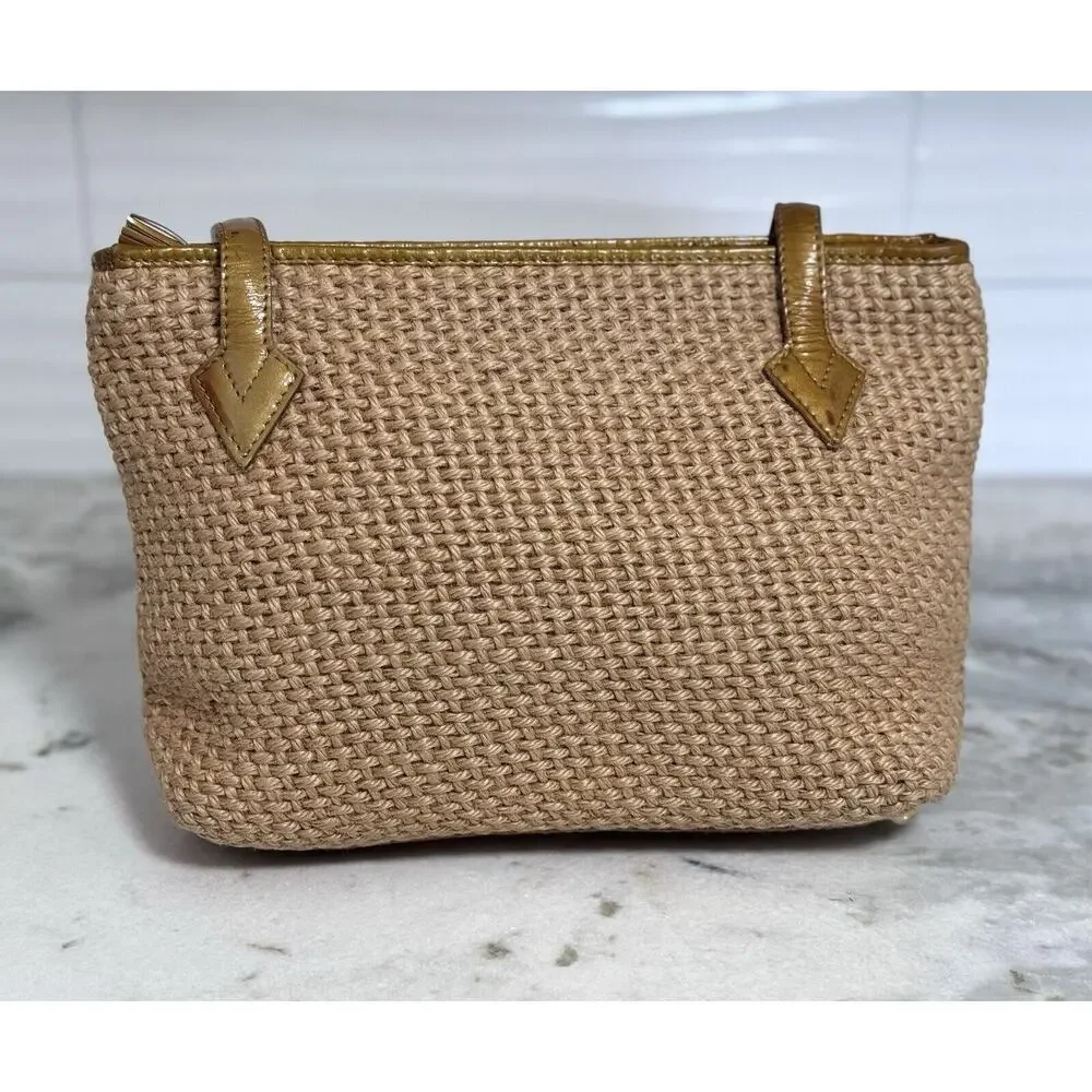 Auth Vintage Bottega Veneta Raffia Woven Beige Gold Patent Leather Shoulder Bag - Picture 2 of 16